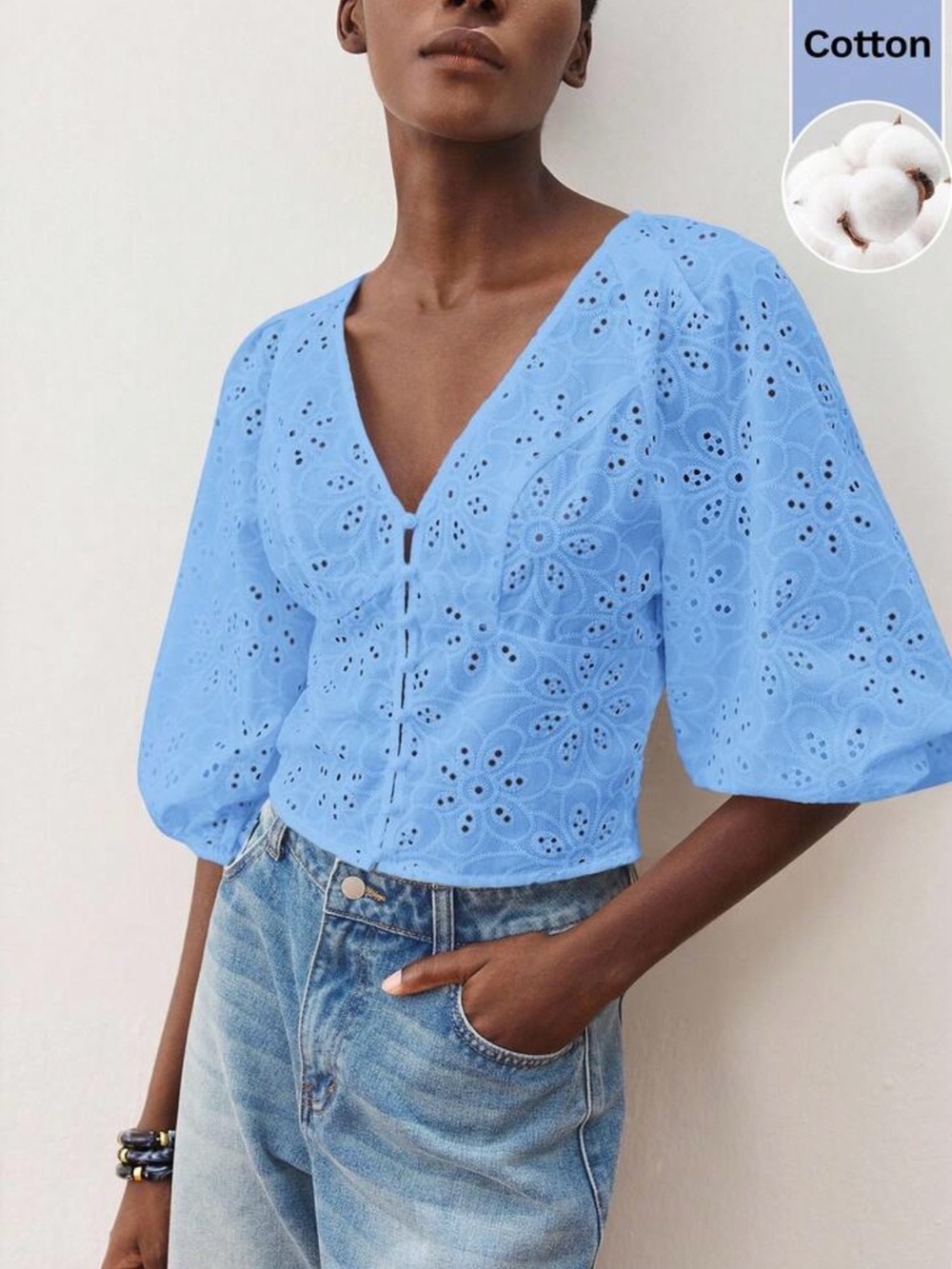 V-Neck Eyelet Cotton Blouse in Sky Blue